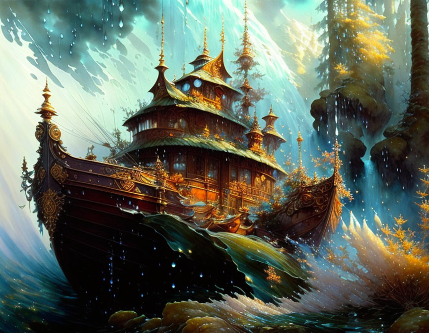 Ornate ship in fantastical forest with glowing plants