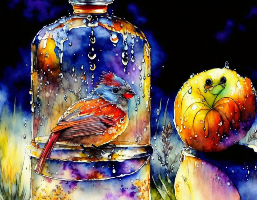 Colorful bird perched on jar with water droplets, next to whimsical yellow fruit