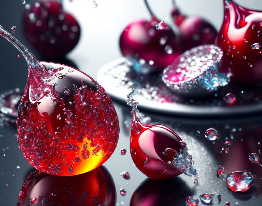 Vibrant red and purple ripe cherries with water droplets on reflective surface