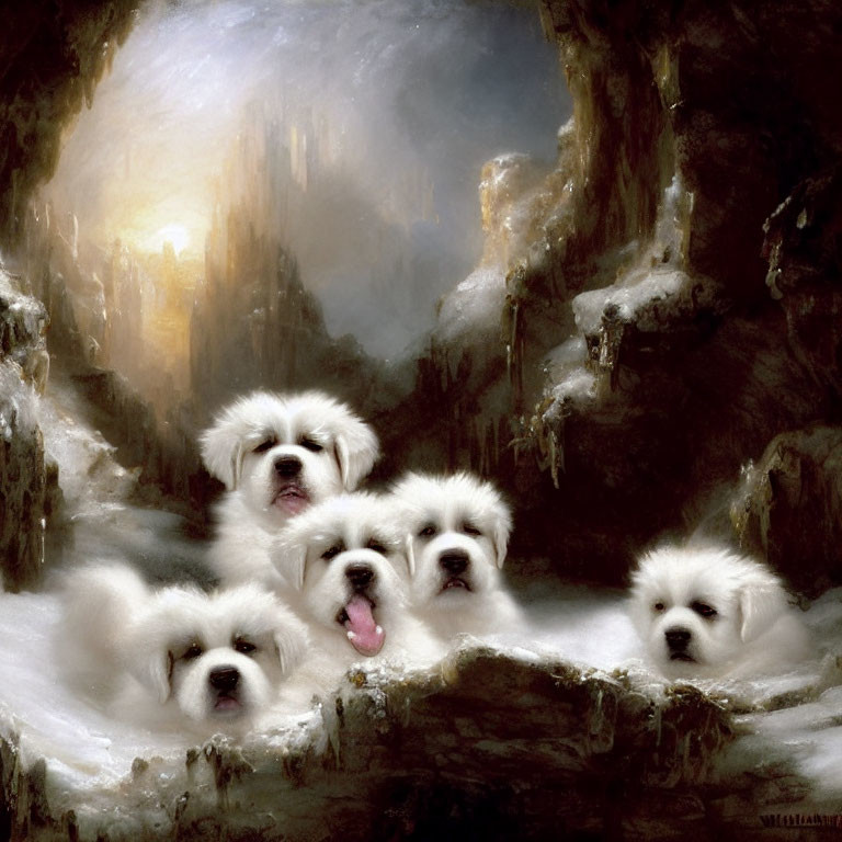 Five White Puppies in Cave with Soft Light