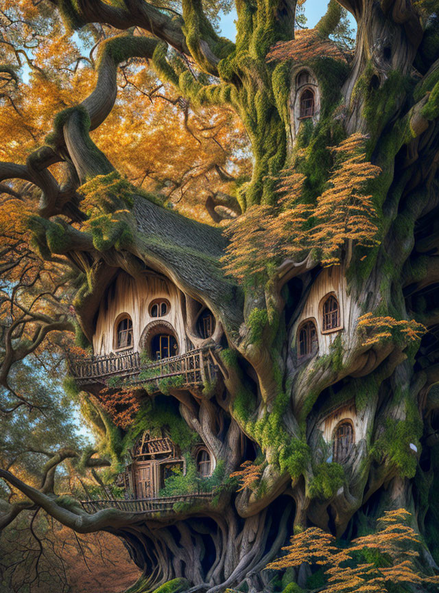 Enchanting treehouse in ancient tree with autumn foliage