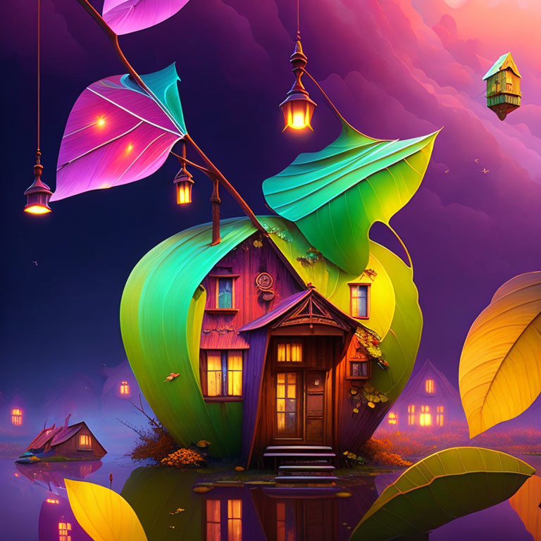 Colorful House Illustration with Leaf Elements and Glowing Lanterns under Purple Sky