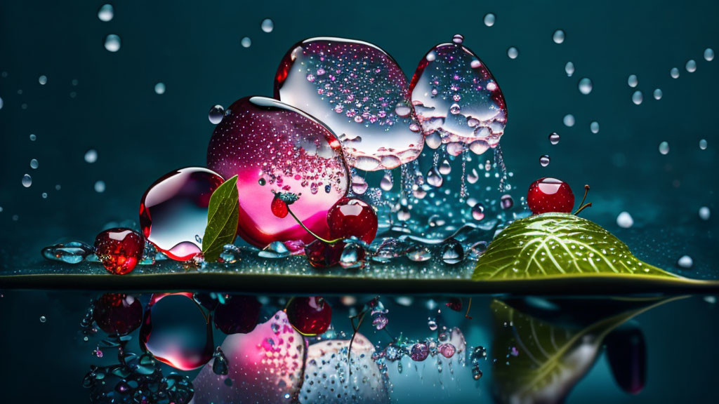 Reflective surface with transparent spheres and cherry-like reflections.