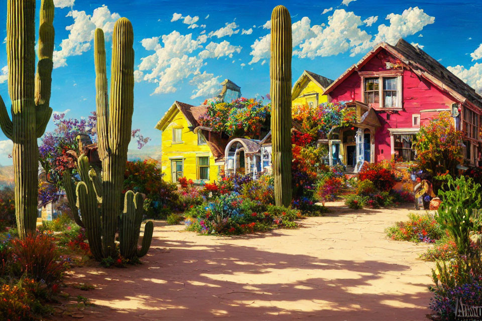 Vibrant garden painting with tall cacti and colorful houses under blue sky