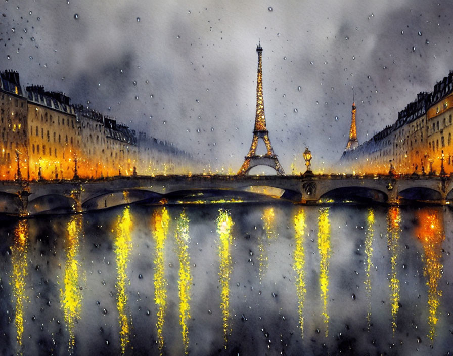 Eiffel Tower Watercolor Night Scene with City Lights