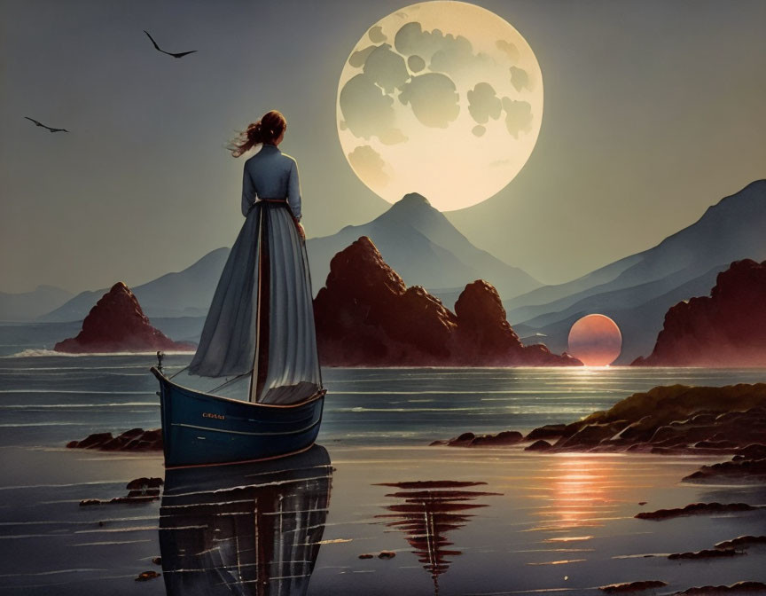 Woman in long dress on boat gazes at moon over mountains with birds and sunset.