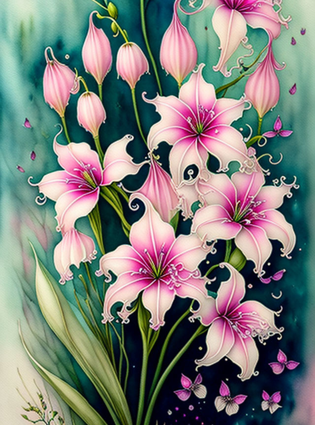 Vibrant pink lilies and butterflies on teal background with water droplets