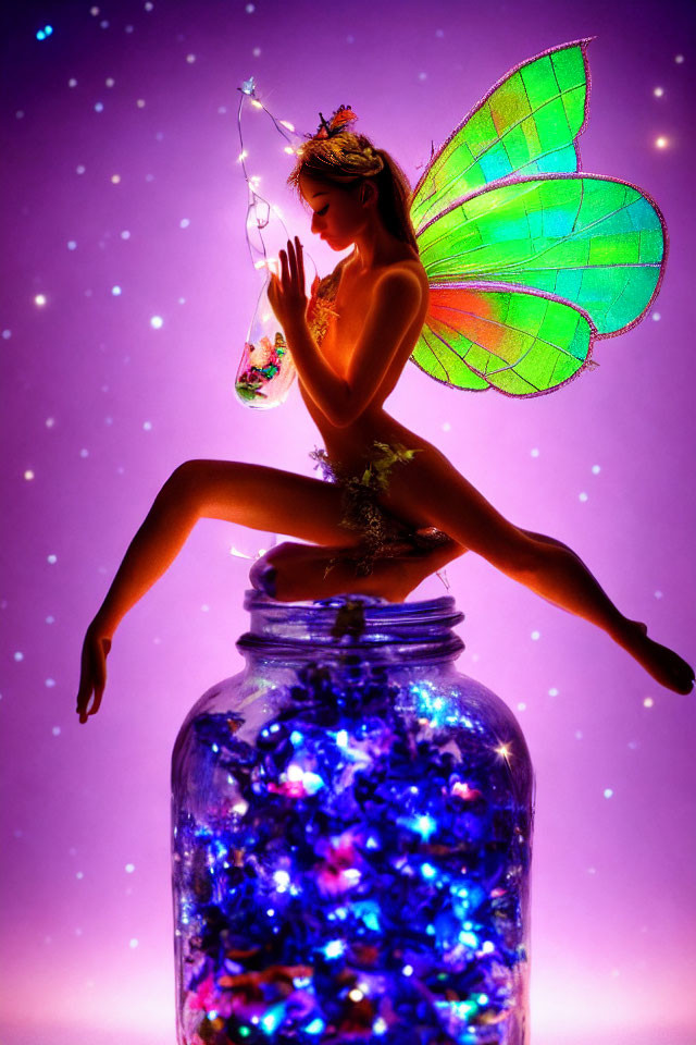 Iridescent fairy wings on figure with glowing jar in whimsical fantasy scene