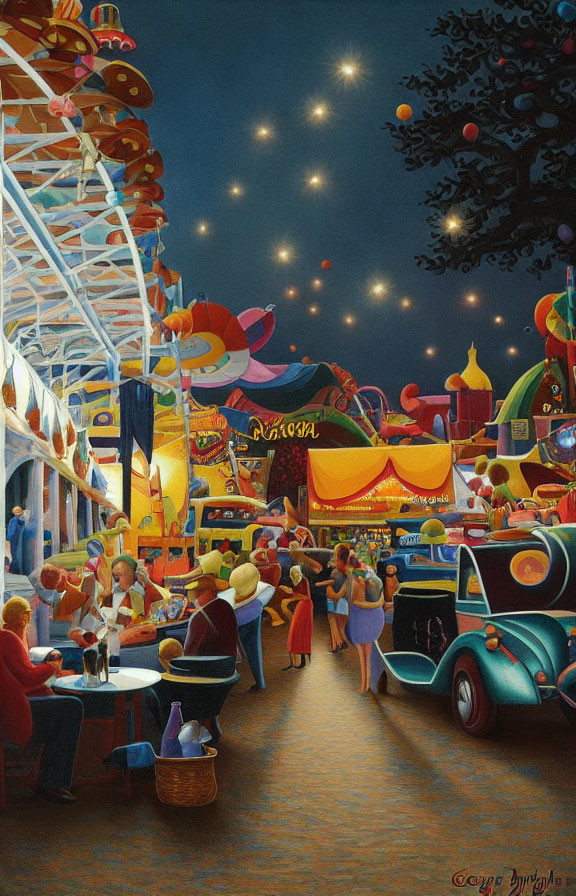 Colorful Vintage-Style Painting of Evening at Amusement Park