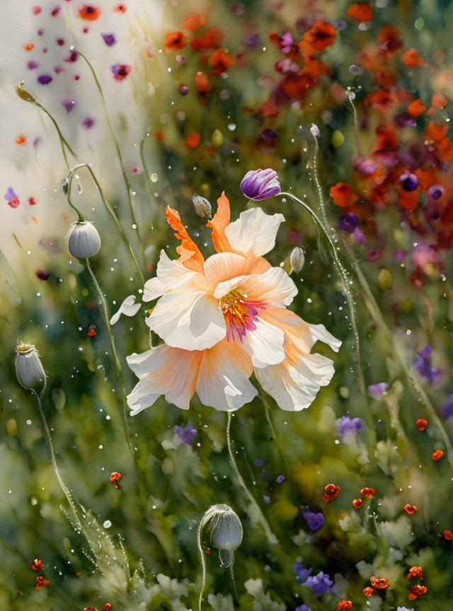 Colorful Poppy Surrounded by Wildflowers and Bokeh