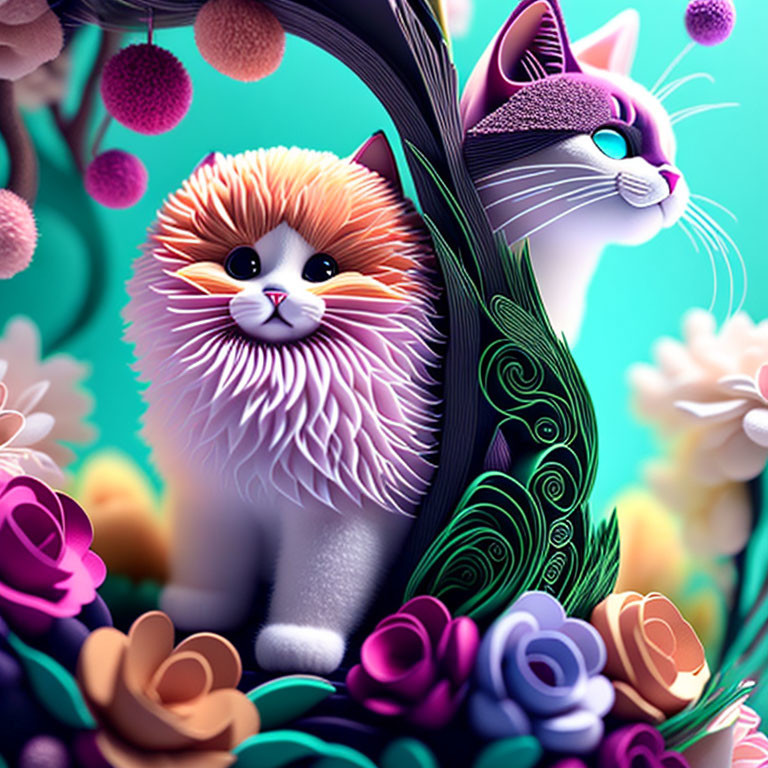 Stylized colorful cats with vibrant flora on teal background