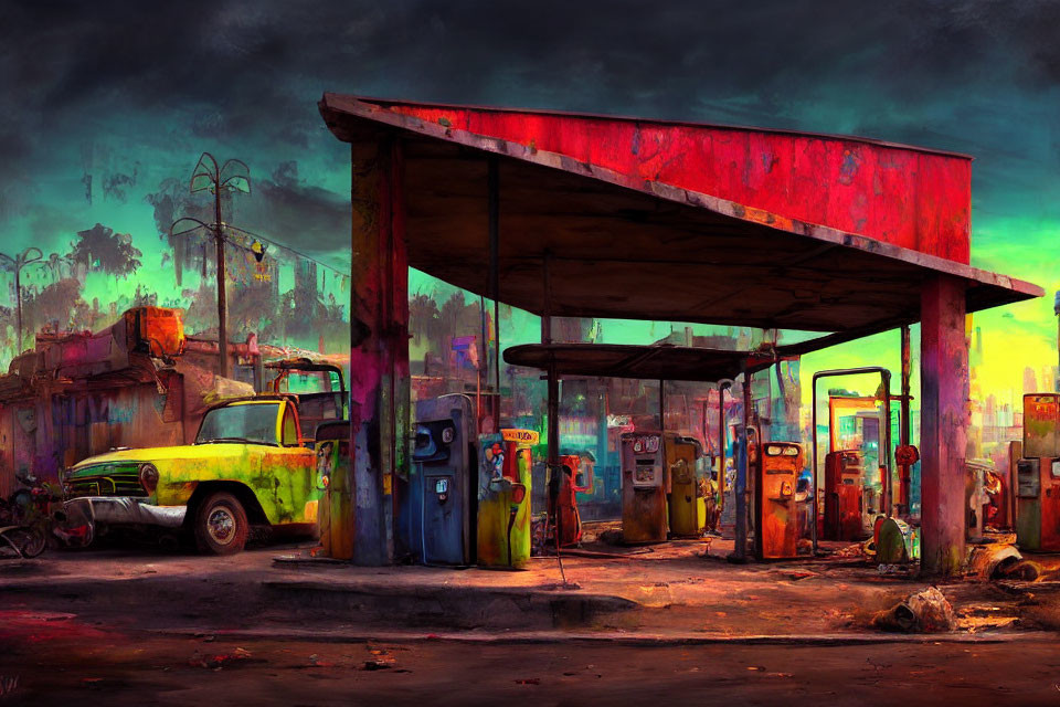 Abandoned gas station with rusting pumps and derelict car in post-apocalyptic scene