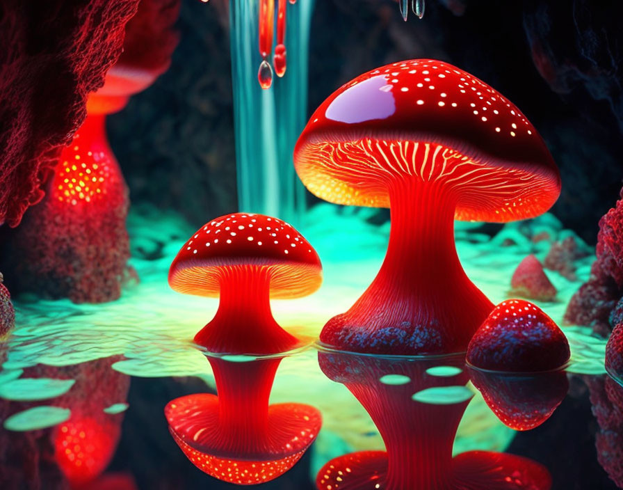 Vibrant red glowing mushrooms in neon-lit forest with reflections and droplets