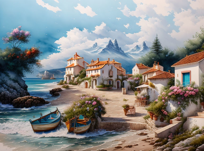 Scenic coastal village with white houses, blooming flowers, moored boats, mountains, clear sky