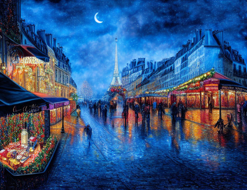 Parisian Street Market with Eiffel Tower at Night