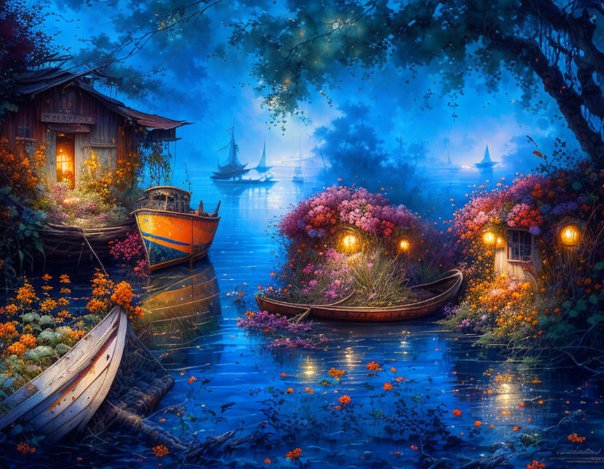 Tranquil twilight river scene with boats, wooden shack, and lush flora under warm glowing lights and