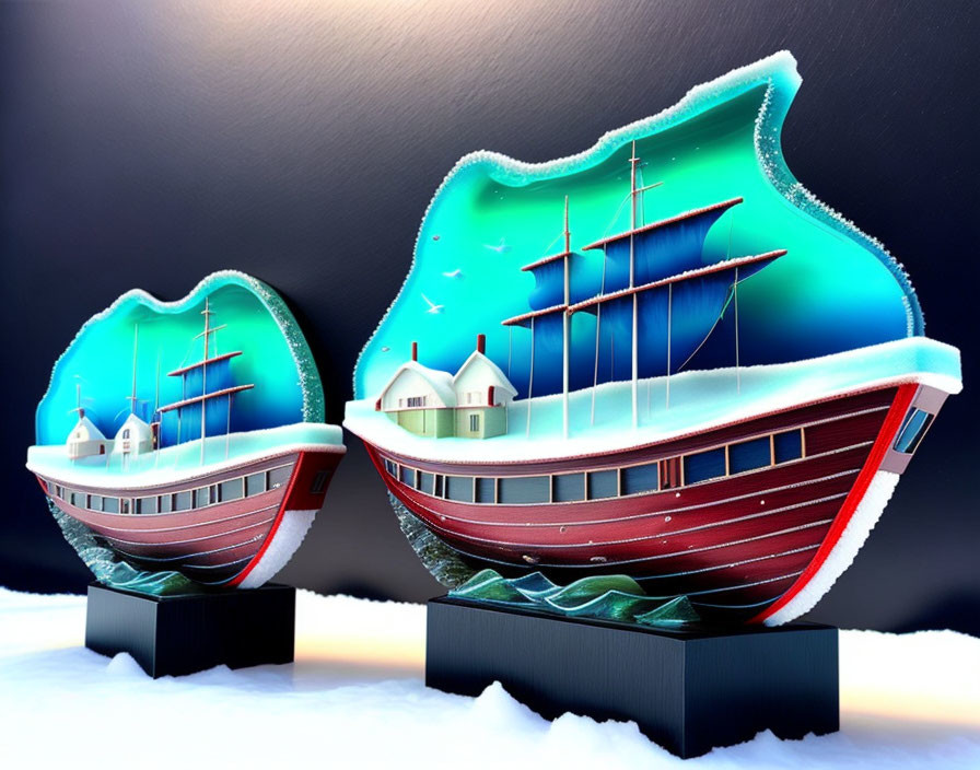 Snow globes with ship models in twilight backdrop