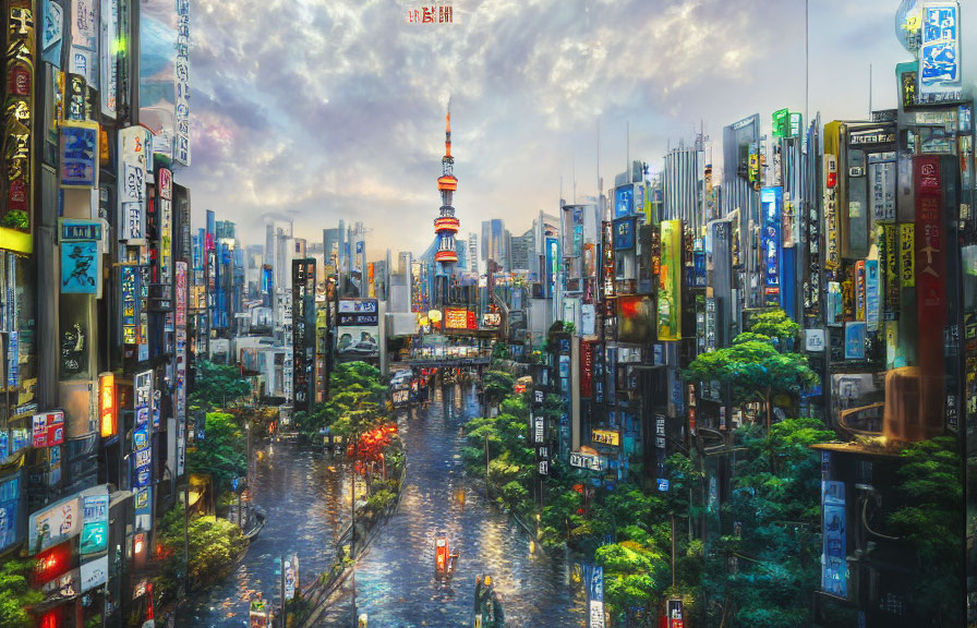 Futuristic cityscape with greenery, neon signs, river, tower, and clouds