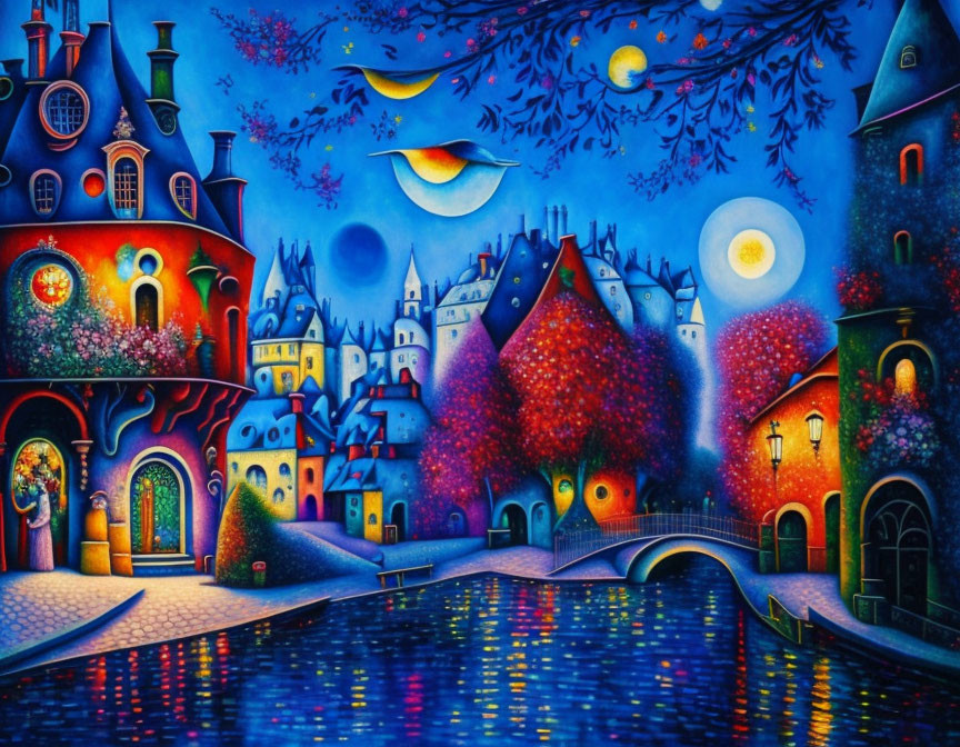 Colorful Whimsical Night Village Painting with River, Bridge, and Moonlit Sky