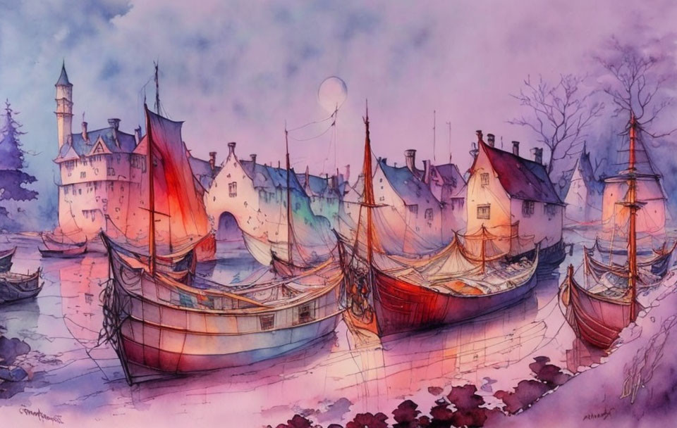 Colorful watercolor painting of vibrant medieval port town & docked ships under soft purple sky