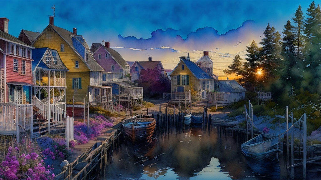 Colorful waterfront scene with houses, dock, boats, flowers, and mountains at sunset