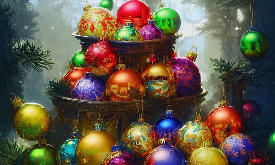 Colorful Christmas baubles on tiered stand with pine branches