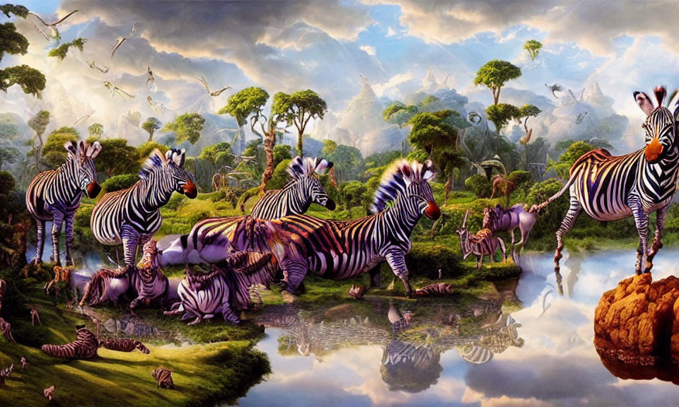 Colorful Striped Zebras in Fantastical Landscape with Water Reflections