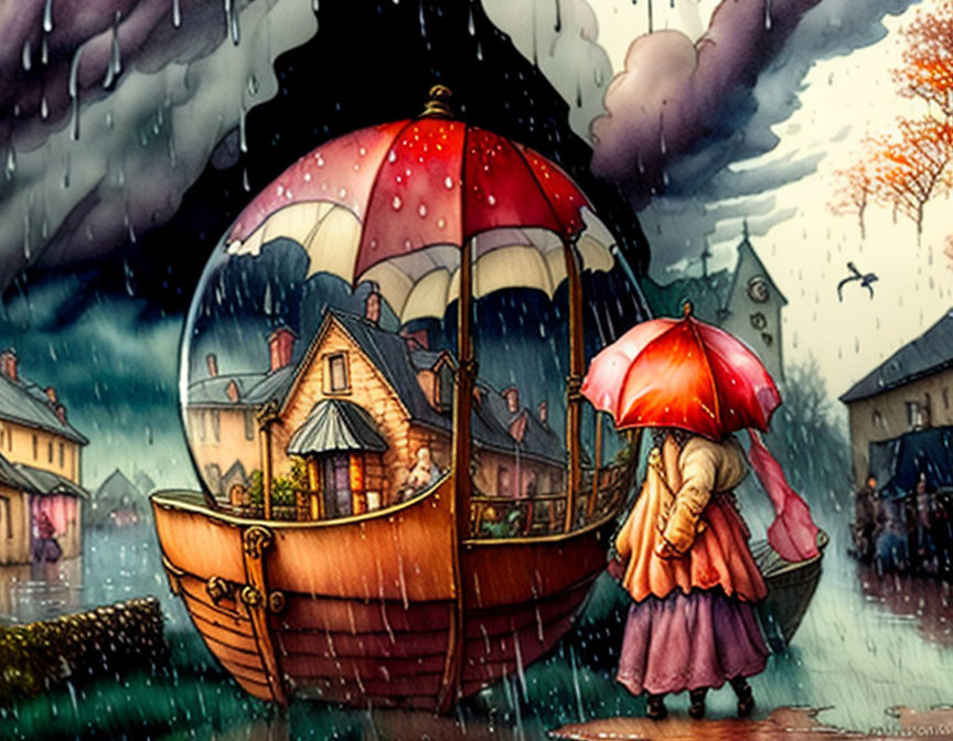 Girl in Pink Dress with Red Umbrella by Wooden Boat in Stormy Weather