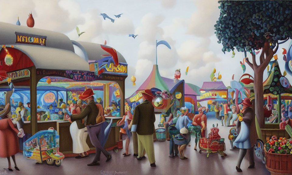 Colorful anthropomorphic animal marketplace illustration with vendors and shoppers under a bird-filled skyline