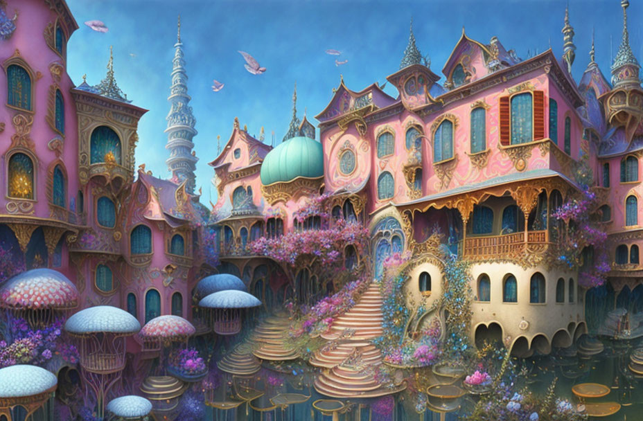 Whimsical fantasy palace with pastel pink and blue hues, ornate architecture, trees, and