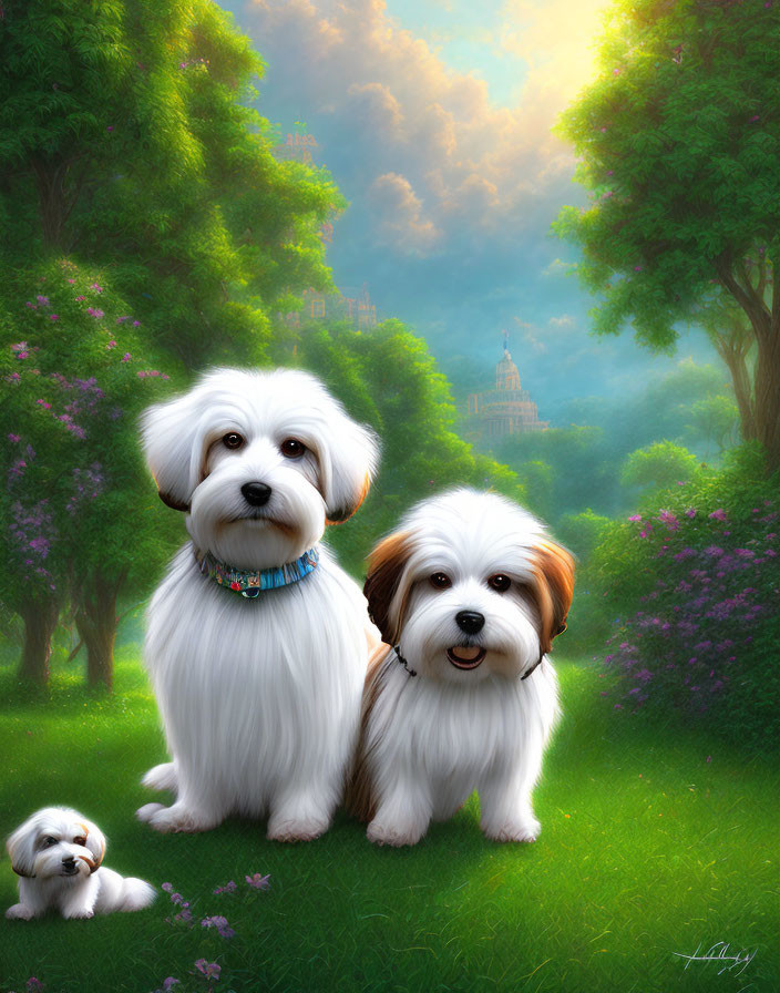 Fluffy white dogs and puppy in green garden with castle and purple flowers