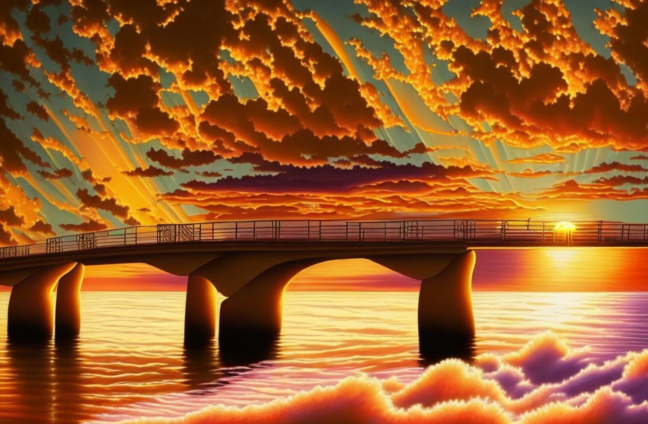 Digital artwork: Sunset with golden clouds, bridge, setting sun.