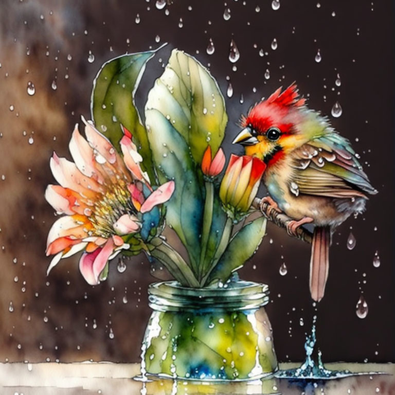 Colorful Bird Perched on Jar with Blooming Flower and Water Droplets