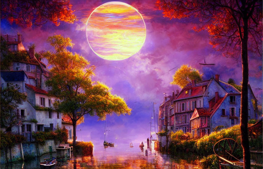 Colorful Fantasy Art: Canal, Boats, Trees, Houses, Moon