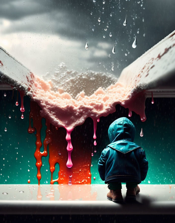 Child in Blue Raincoat Watching Melting Ice Cream and Raindrops