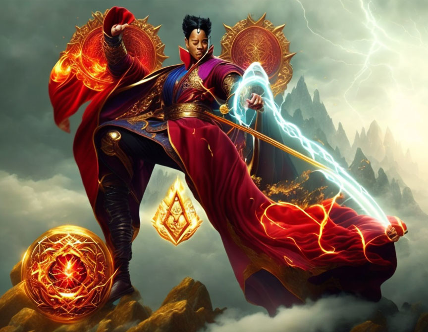 Sorcerer in vibrant robes casting magic with lightning and mystical symbols against mountain backdrop