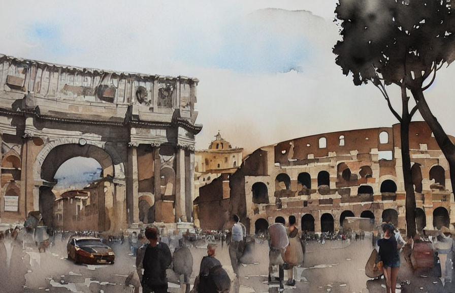 Bustling street scene near Colosseum: watercolor painting of pedestrians and car under cloudy