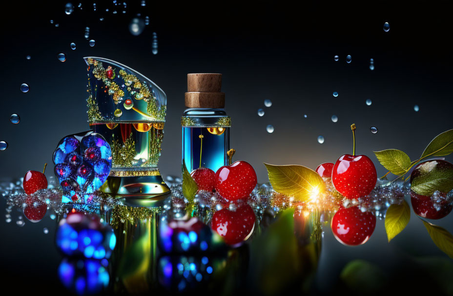 Colorful Still Life with Treasure Chest, Potion Bottle, Fruits, Leaves, and Gems