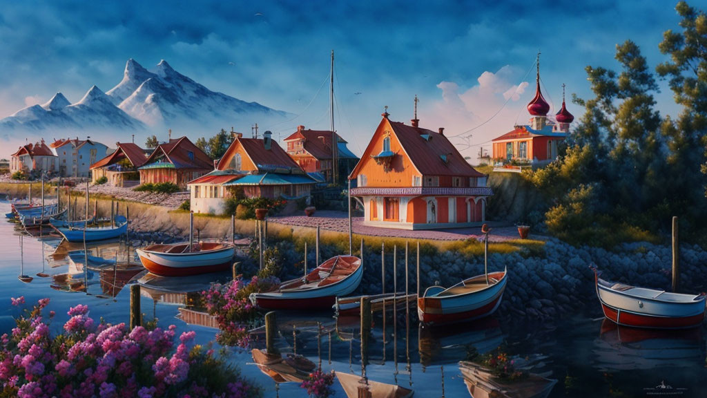 Tranquil waterfront with boats, flower-lined pier, red-roofed houses, and snow-c