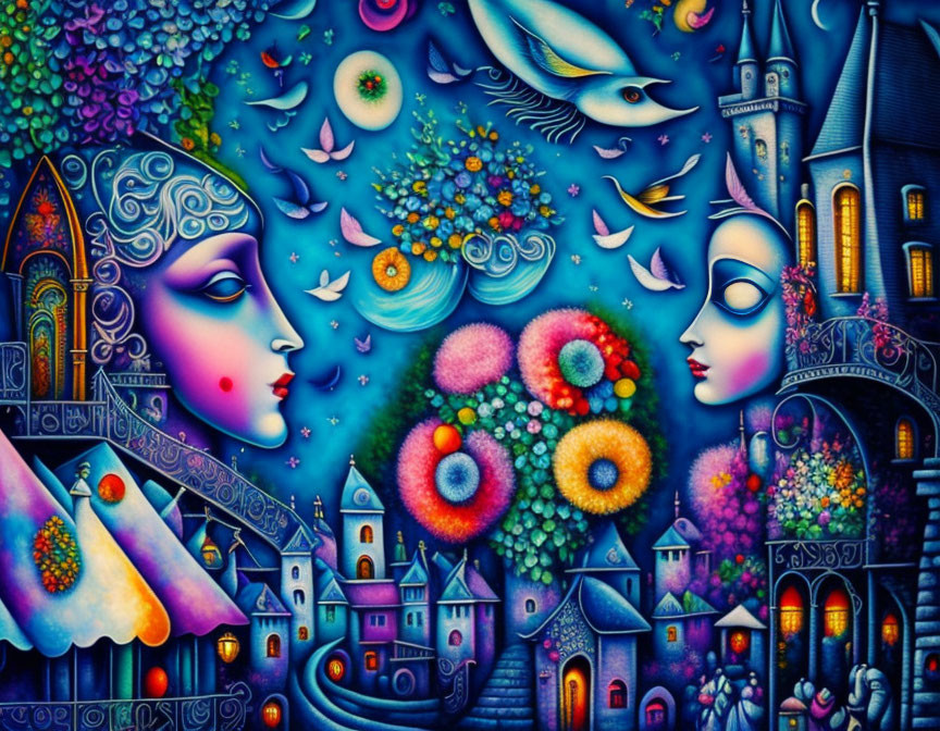 Colorful surreal artwork: stylized faces, whimsical nature, castle, celestial bodies.