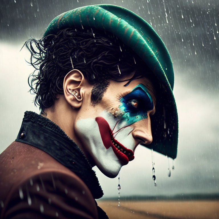 Profile of person in dramatic clown makeup with green hat under rainy sky.