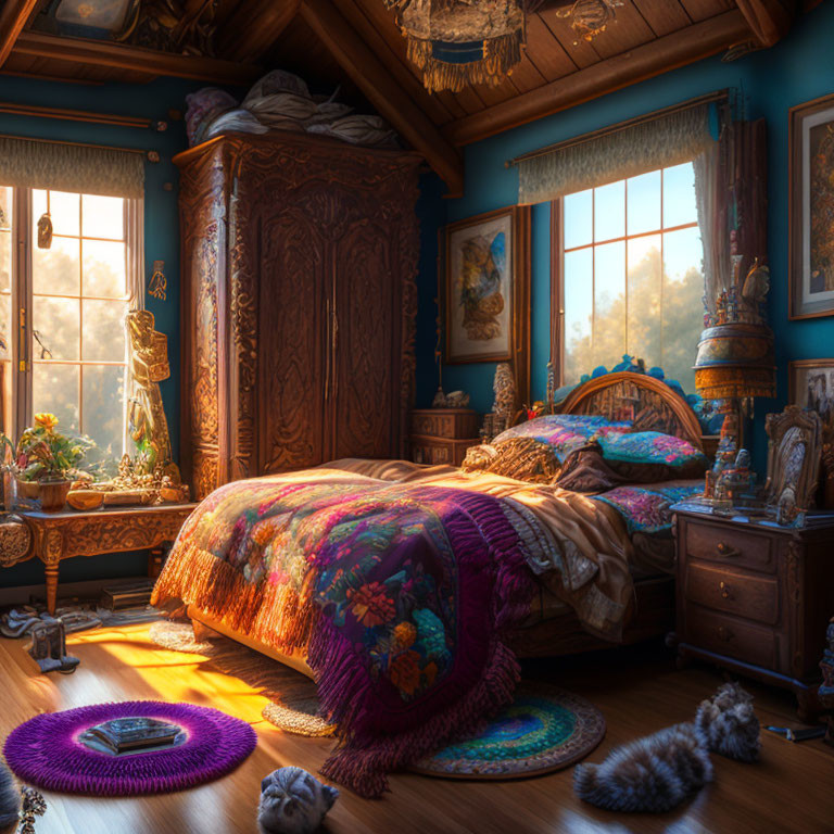 Warmly lit bedroom with wooden bed, ornate furniture, colorful bedding, and sunlit window view