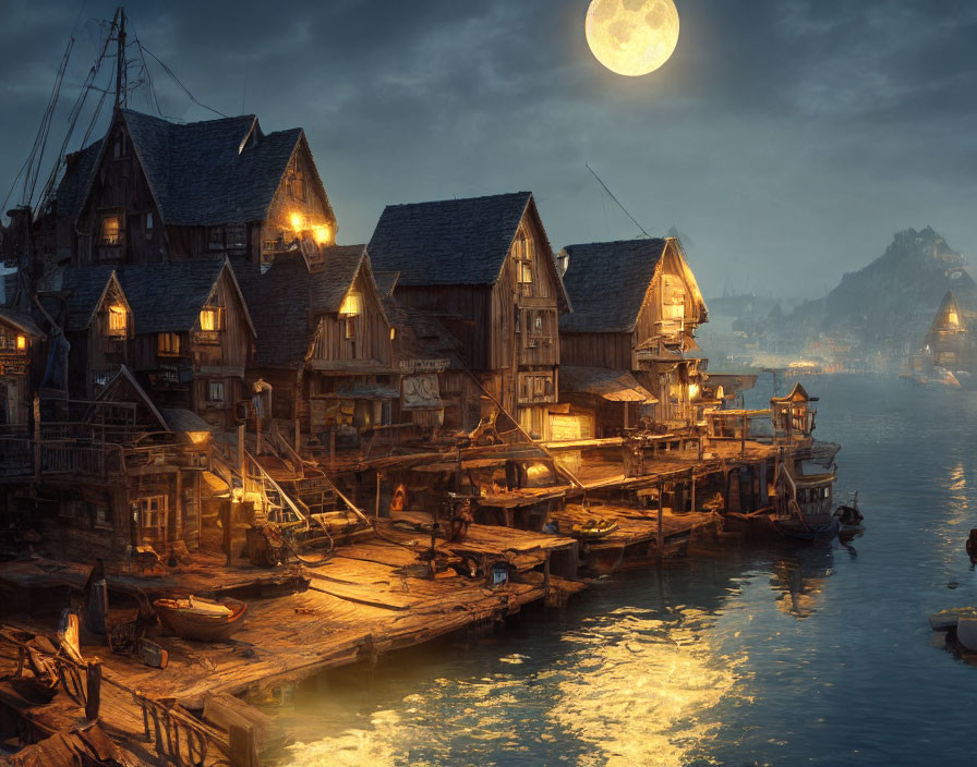 Moonlit Rustic Harbor with Wooden Buildings, Docks, and Boats