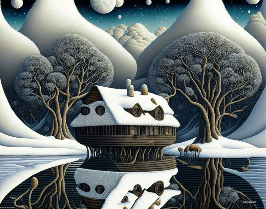 Winter night landscape with stylized house, moonlit sky, and reflections.