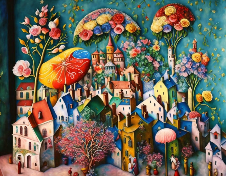 Colorful town painting with whimsical architecture and floral sky