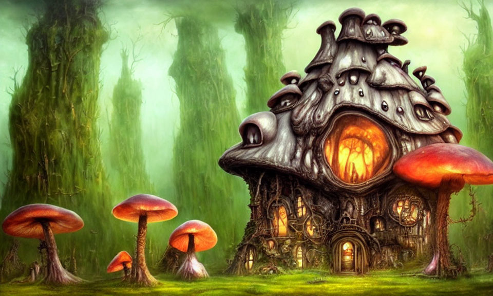 Fantasy-style house resembling a crooked tree in misty forest