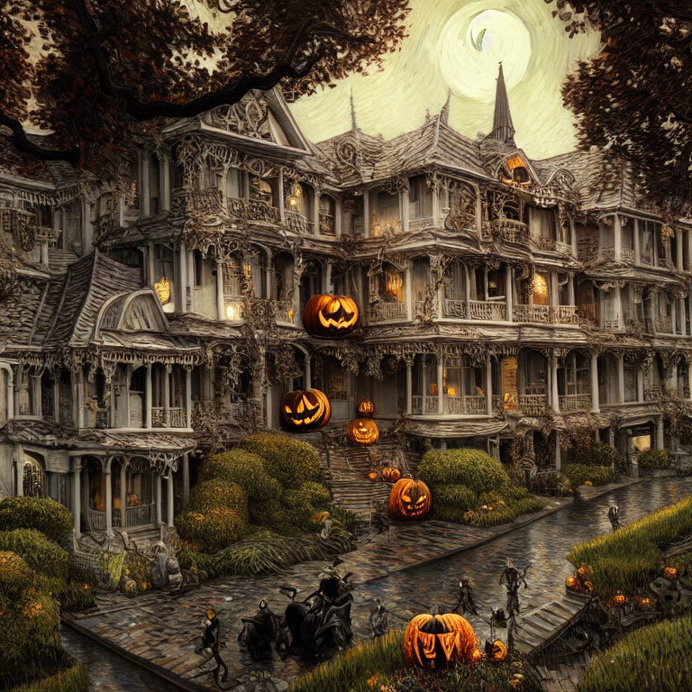 Gothic mansion with Halloween decorations in autumn setting