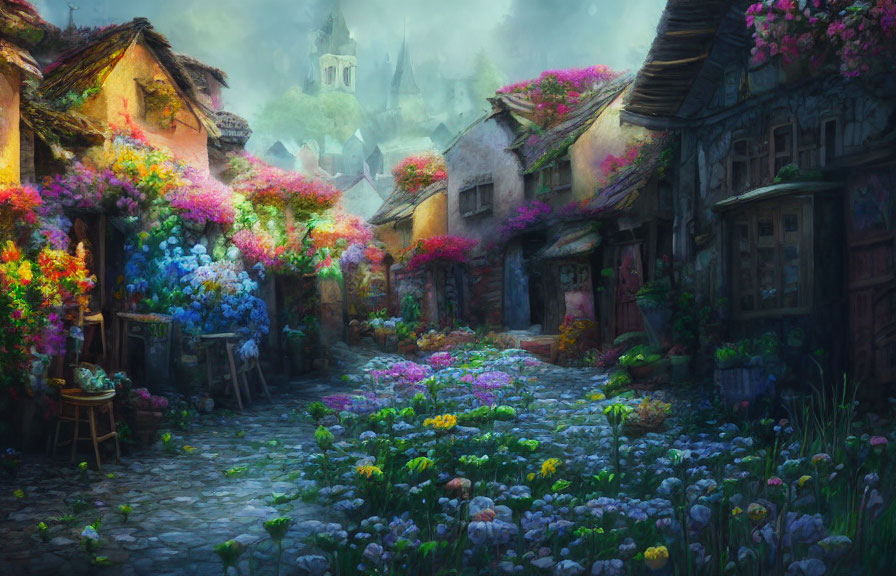 Picturesque Village Street with Vibrant Flowers and Bell Tower