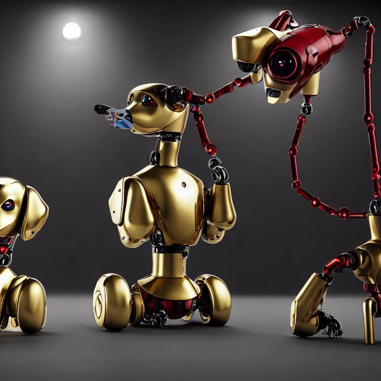 Three Golden Robotic Dogs in Various Poses on Dark Background