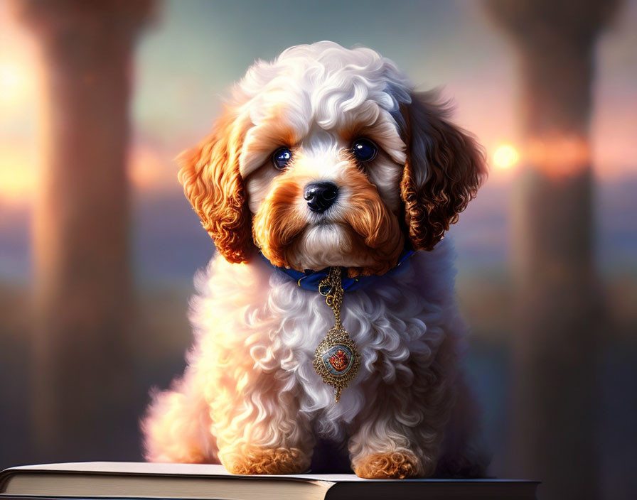 Brown and White Puppy on Book with Blue Collar Pendant Against Sunset Background